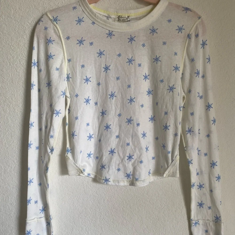 Free People Intimately Quilted Love Long Sleeves Snowflake Ivory Cropped Top S